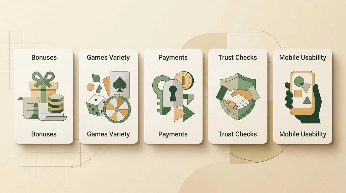 Editorial checklist showing bonus games payments trust and mobile review points