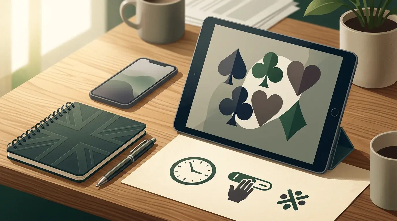Editorial casino review desk with mobile screen and responsible play symbols